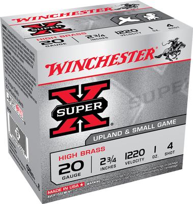 WINCHESTER SUPER X HIGH BRASS 20GA #4 2-3/4' 1OZ 25RD BOX #X204